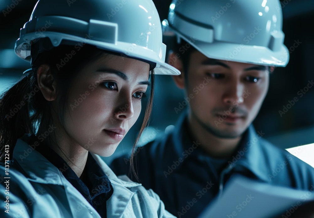 Focused Engineers Analyzing Blueprints in Industrial Environment Focused Engineers Analyzing Blueprints in Industrial Environment