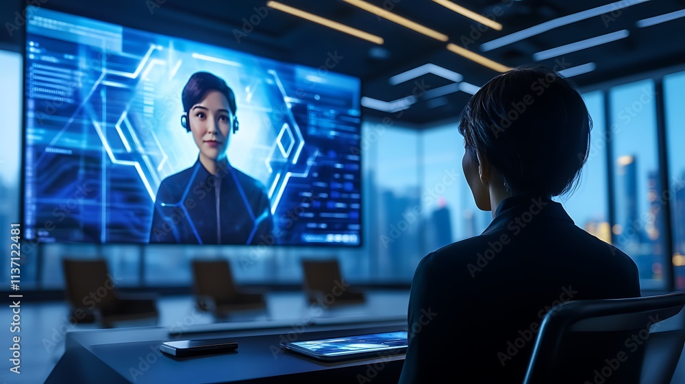 Woman Viewing Virtual Assistant On Large Screen Woman Viewing Virtual Assistant On Large Screen