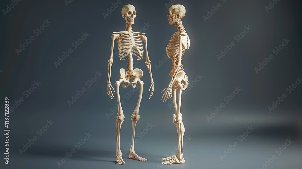 Two human skeleton models displayed in a neutral setting for educational purposes. Two human skeleton models displayed in a neutral setting for educational purposes.