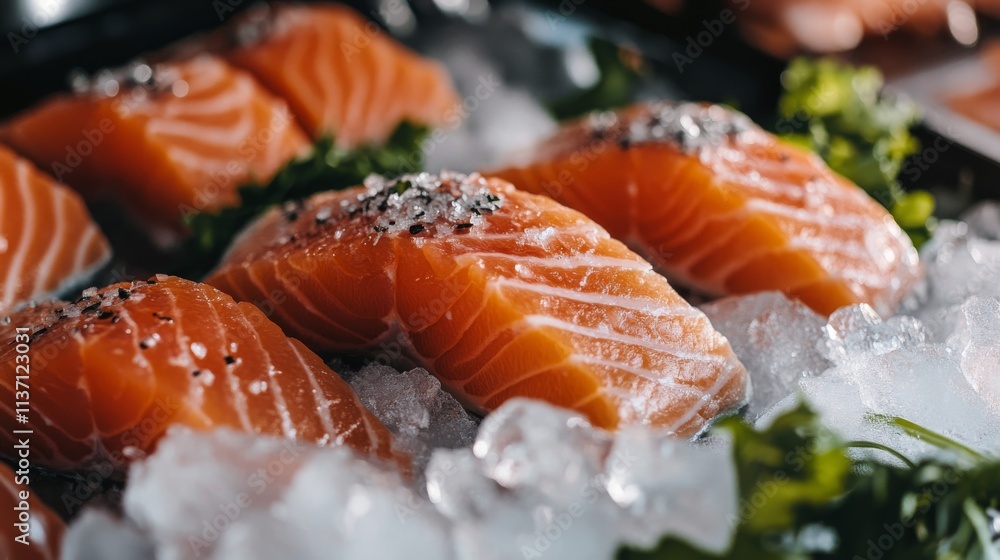 A mouthwatering display of fresh salmon fillets on ice, garnished with fresh herbs and sea salt flakes. The rich texture of the salmon contrasts beautifully with the crystalline ice, perfect for A mouthwatering display of fresh salmon fillets on ice, garnished with fresh herbs and sea salt flakes. The rich texture of the salmon contrasts beautifully with the crystalline ice, perfect for