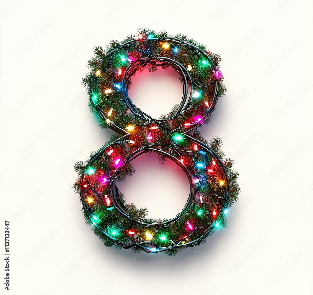 Number 8 with Christmas lights on white background. 3D Number 8 with Christmas lights on white background. 3D