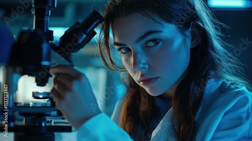 A female scientist adjusting a microscope, focused expression, cool lighting, advanced lab setting, photo