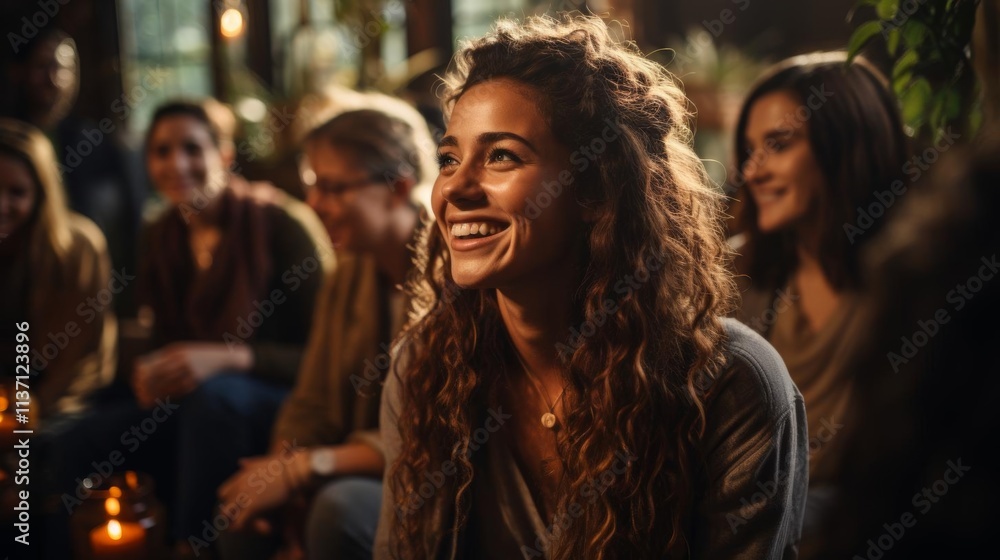 A woman with curly hair is smiling at the camera A woman with curly hair is smiling at the camera
