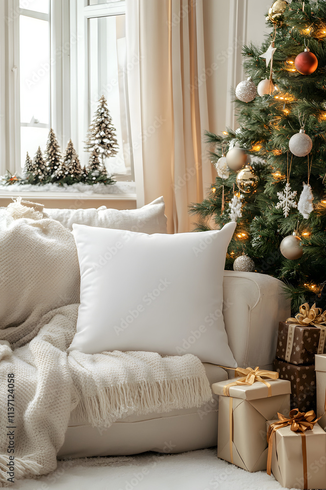 Fototapeta premium White Pillow Mockup on Christmas Background with Festive Decor