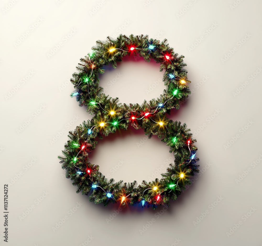 Number 8 with Christmas wreath lights on white background. 3D Number 8 with Christmas wreath lights on white background. 3D