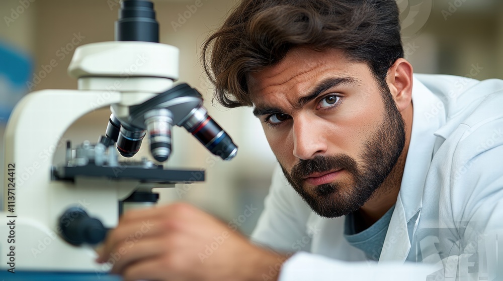 Focused Scientist Using Microscope in Laboratory Focused Scientist Using Microscope in Laboratory