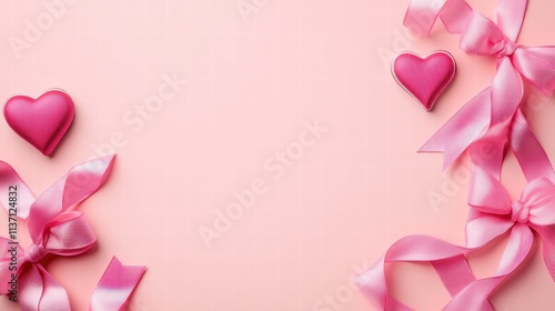 Pink Hearts and Ribbons on Pink Background