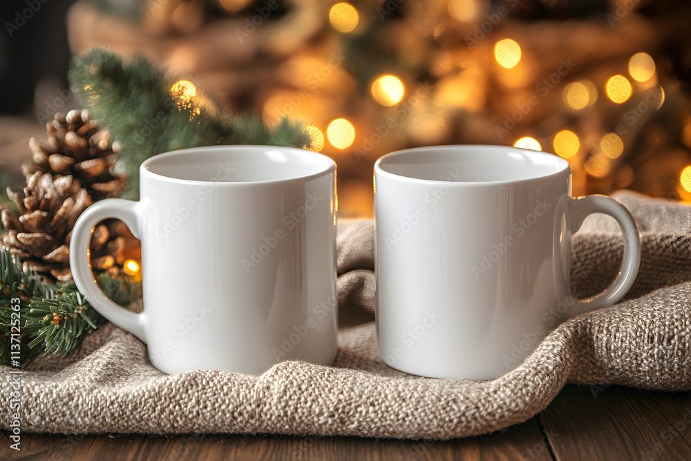 mockup two white mugs close up on christmas background mockup two white mugs close up on christmas background