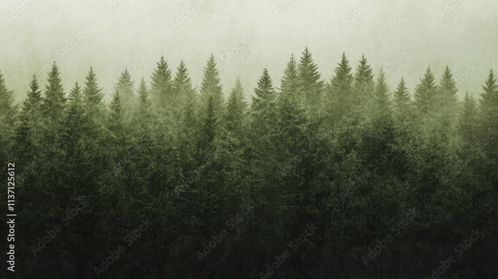 Misty Forest Green Coniferous Trees Landscape Misty Forest Green Coniferous Trees Landscape