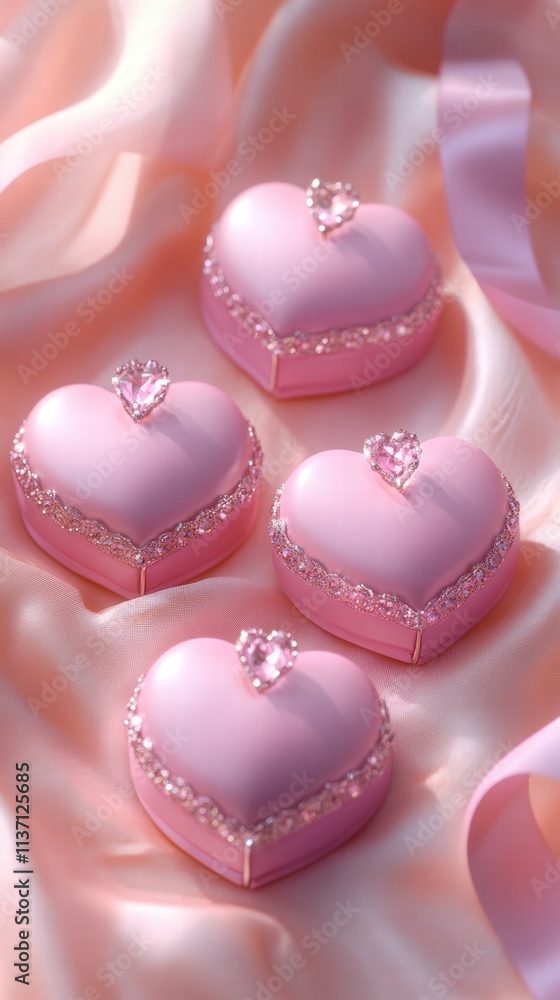 Pink Heart-Shaped Boxes on Silk Fabric Pink Heart-Shaped Boxes on Silk Fabric