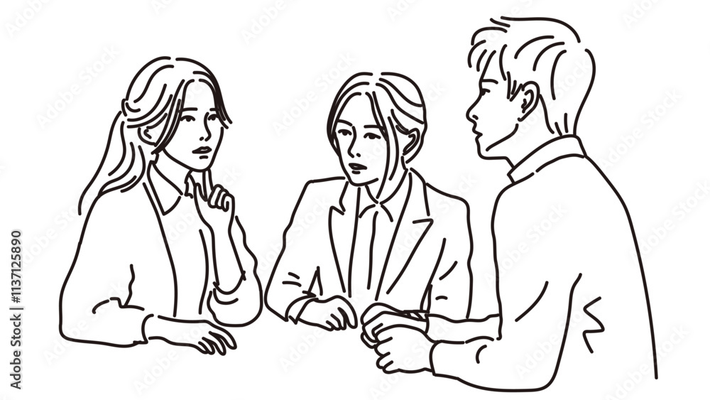 Fototapeta premium 語り合う男女3人の線画