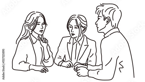 語り合う男女3人の線画