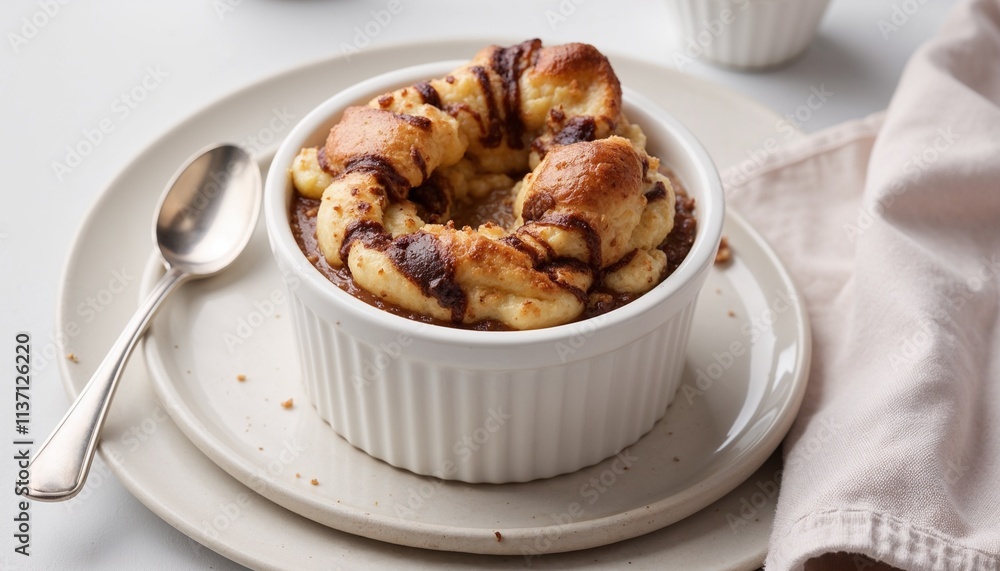 Curd and chocolate soufflé in ramekin on a plate Curd and chocolate soufflé in ramekin on a plate
