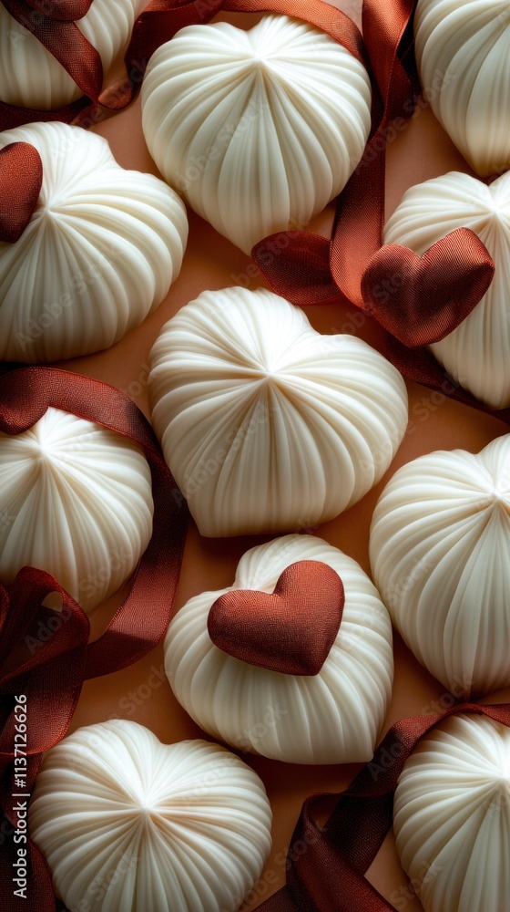 Romantic White Heart-Shaped Decorations with Burgundy Ribbon Romantic White Heart-Shaped Decorations with Burgundy Ribbon