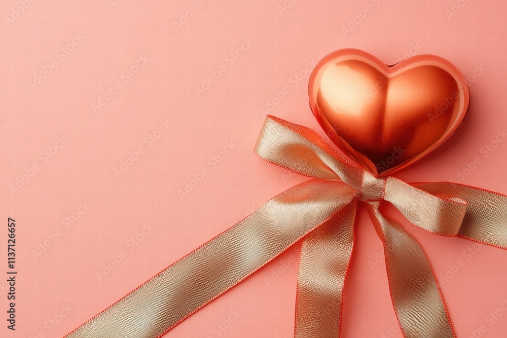 Rose Gold Heart with Ribbon on Coral Background Rose Gold Heart with Ribbon on Coral Background