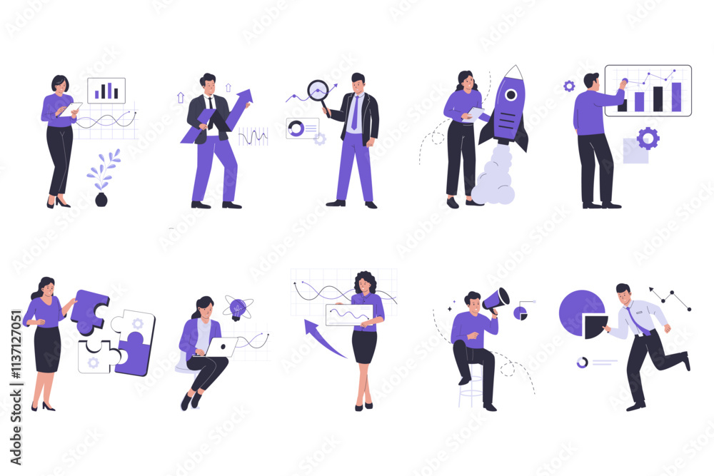 Set of business analysis with charts and diagrams. Illustrations for websites, landing pages, mobile apps, posters and banners. Trendy flat vector illustrations Set of business analysis with charts and diagrams. Illustrations for websites, landing pages, mobile apps, posters and banners. Trendy flat vector illustrations