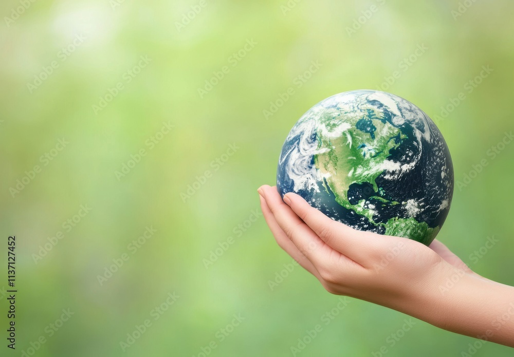 Hands Holding Miniature Earth Globe on Blurred Green Background Hands Holding Miniature Earth Globe on Blurred Green Background