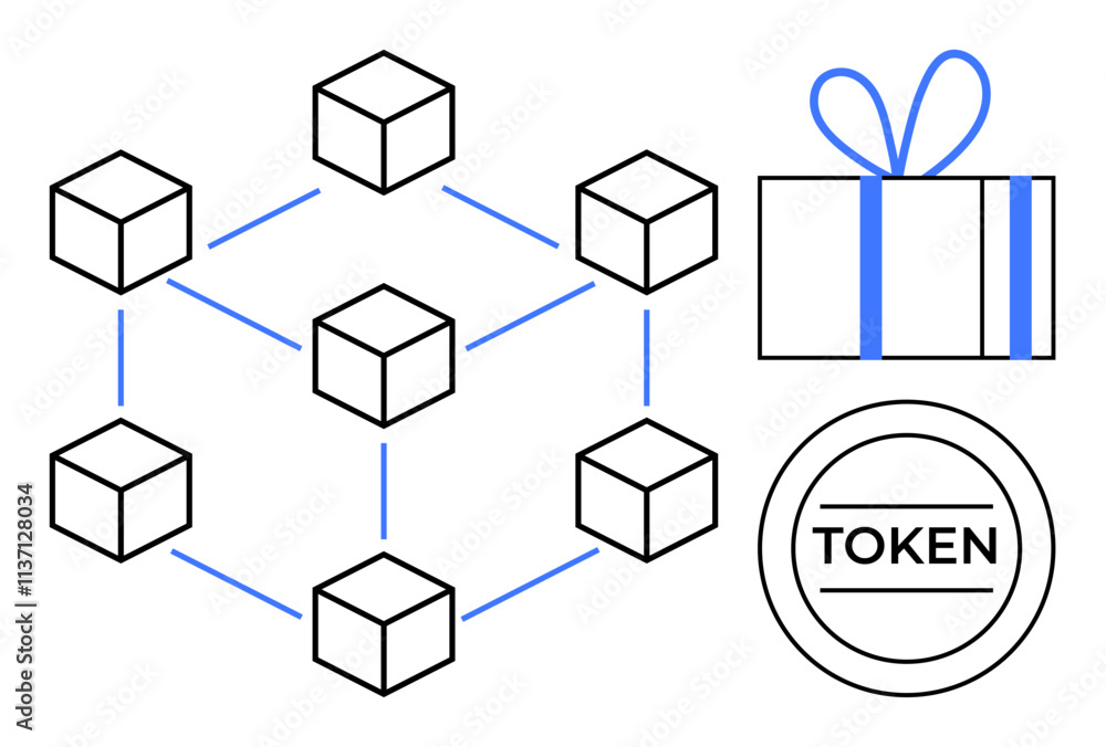 Blockchain network represented by connected cubes, a gift box with a blue ribbon, and a round token. Ideal for cryptocurrency, blockchain technology, digital rewards, decentralized apps, online Blockchain network represented by connected cubes, a gift box with a blue ribbon, and a round token. Ideal for cryptocurrency, blockchain technology, digital rewards, decentralized apps, online