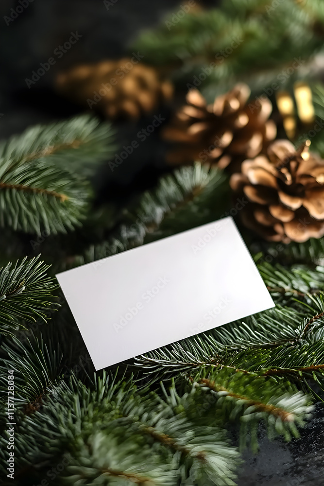 White Paper Mockup for Invitation or Greeting Card on Christmas Background with Festive Decor White Paper Mockup for Invitation or Greeting Card on Christmas Background with Festive Decor