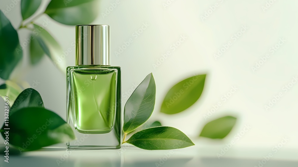 Green perfume bottle amid leafy branches on a light surface. Green perfume bottle amid leafy branches on a light surface.
