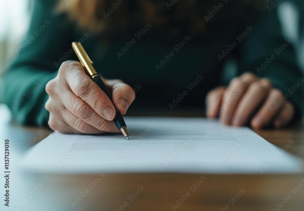 Hand Holding Pen Writing on Document with Green Background Hand Holding Pen Writing on Document with Green Background