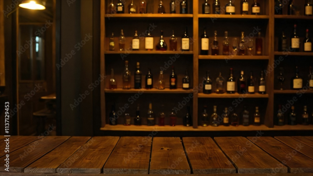 Rustic Bar Interior with Wooden Counter and Extensive Liquor Collection, Warm Lighting Creates Ambiance Rustic Bar Interior with Wooden Counter and Extensive Liquor Collection, Warm Lighting Creates Ambiance