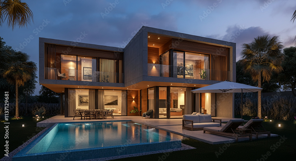 Modern Luxury Villa Night Exterior Swimming Pool Patio Modern Luxury Villa Night Exterior Swimming Pool Patio