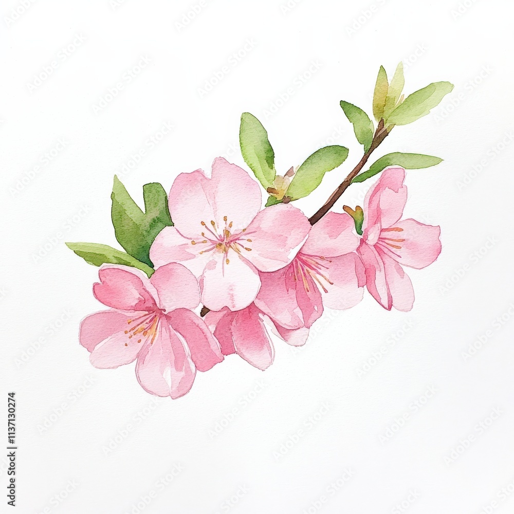 Fototapeta premium A delicate watercolor illustration of pink cherry blossoms on a branch, showcasing soft petals and vibrant green leaves against a white background.