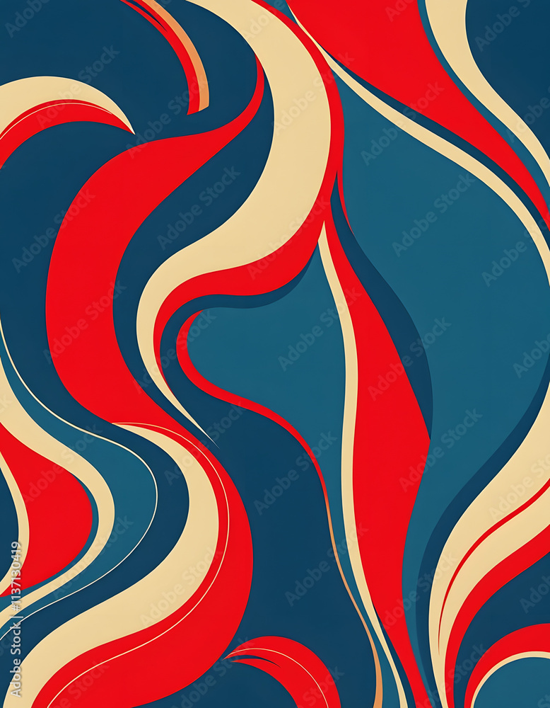 Chic retro pattern wallpaper The combination of red blue white and flowing lines creates a dynamic and eye-catching pattern. which stimulates feelings of nostalgia for the lively beauty of that era Chic retro pattern wallpaper The combination of red blue white and flowing lines creates a dynamic and eye-catching pattern. which stimulates feelings of nostalgia for the lively beauty of that era
