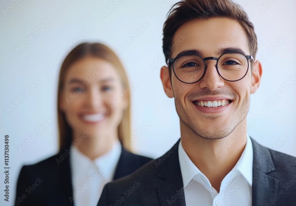 Confident Young Businessman Smiling with Colleague in Background Confident Young Businessman Smiling with Colleague in Background
