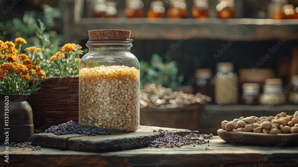 Jars of grains and nuts on a wooden table in a cozy kitchen setting Jars of grains and nuts on a wooden table in a cozy kitchen setting