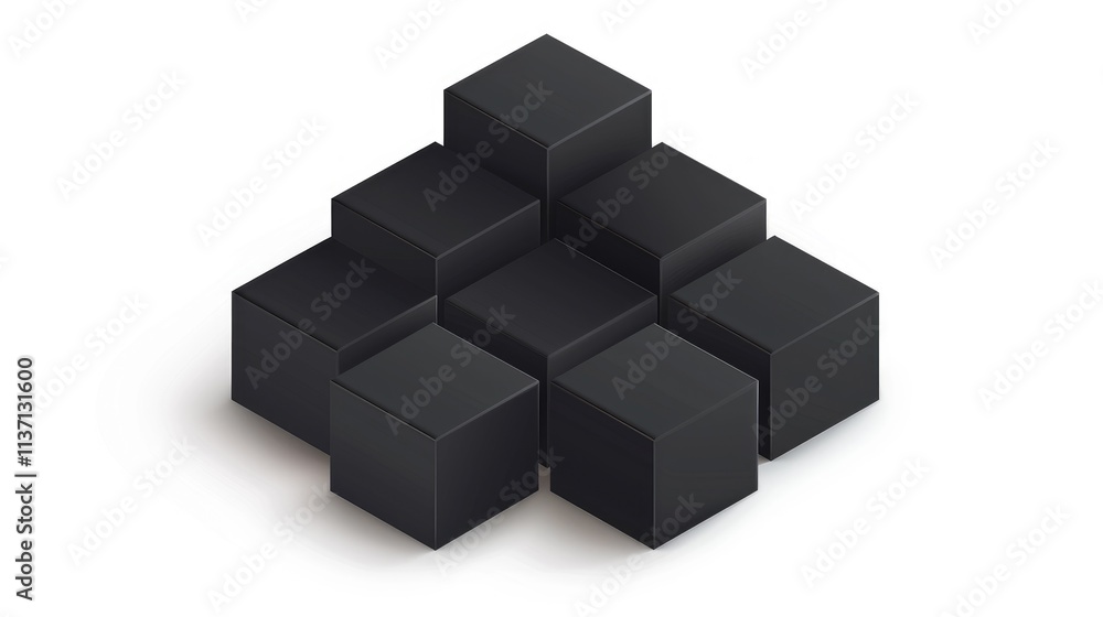 A 3D arrangement of black cubes forming a pyramid-like structure. A 3D arrangement of black cubes forming a pyramid-like structure.
