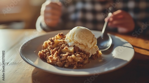 Apple crumble dessert topped with vanilla ice cream photo