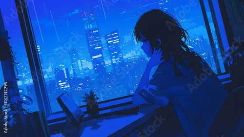 anime girl looking through window city night rain ambient loop animation