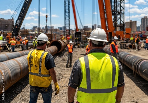 Construction Workers Overseeing Heavy Machinery Operations at Site