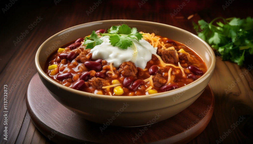 Hearty bowl of chili with sour cream and cheese. Hearty bowl of chili with sour cream and cheese.