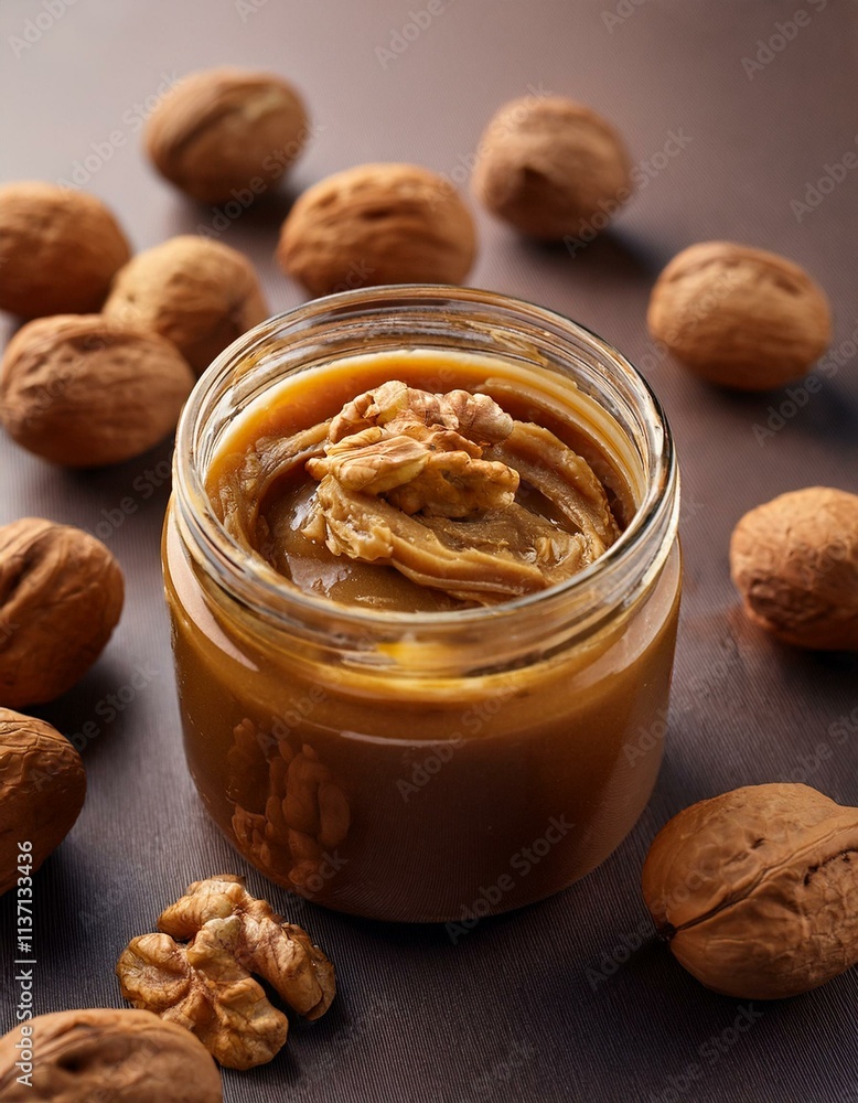 Jar of creamy walnut butter surrounded by walnuts. Jar of creamy walnut butter surrounded by walnuts.