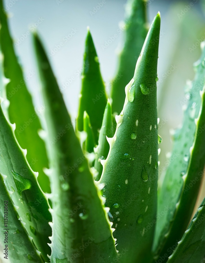 Close-up of vibrant green aloe vera plant with water droplets. Close-up of vibrant green aloe vera plant with water droplets.