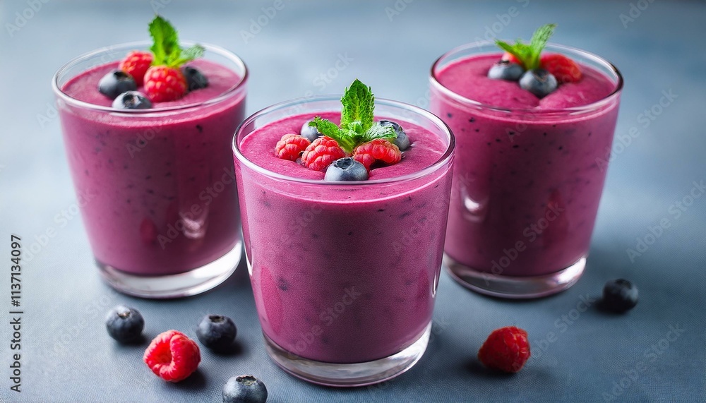 Three glasses of delicious berry smoothie, garnished with fresh raspberries and blueberries. Three glasses of delicious berry smoothie, garnished with fresh raspberries and blueberries.