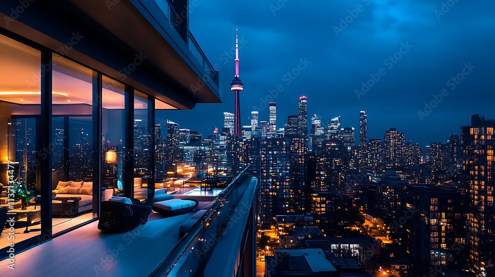 Obraz premium Night Cityscape Viewed From Modern Balcony Apartment