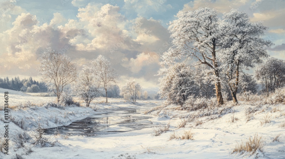 Winter Landscape with Frosty Trees and Stream Winter Landscape with Frosty Trees and Stream
