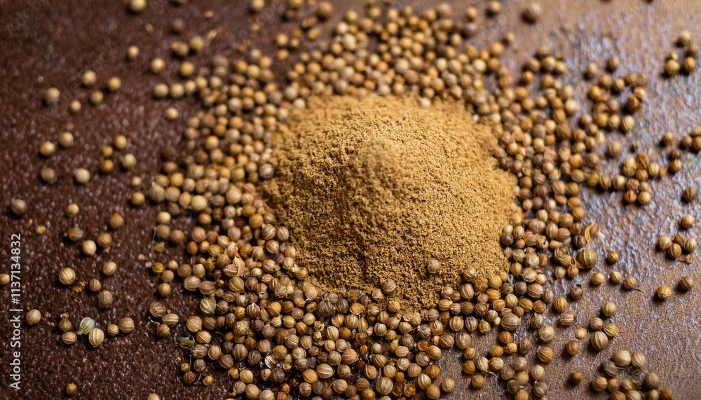 Ground coriander and coriander seeds. A mound of light brown powder sits on top of a scattering of seeds against a dark background. Ground coriander and coriander seeds. A mound of light brown powder sits on top of a scattering of seeds against a dark background.