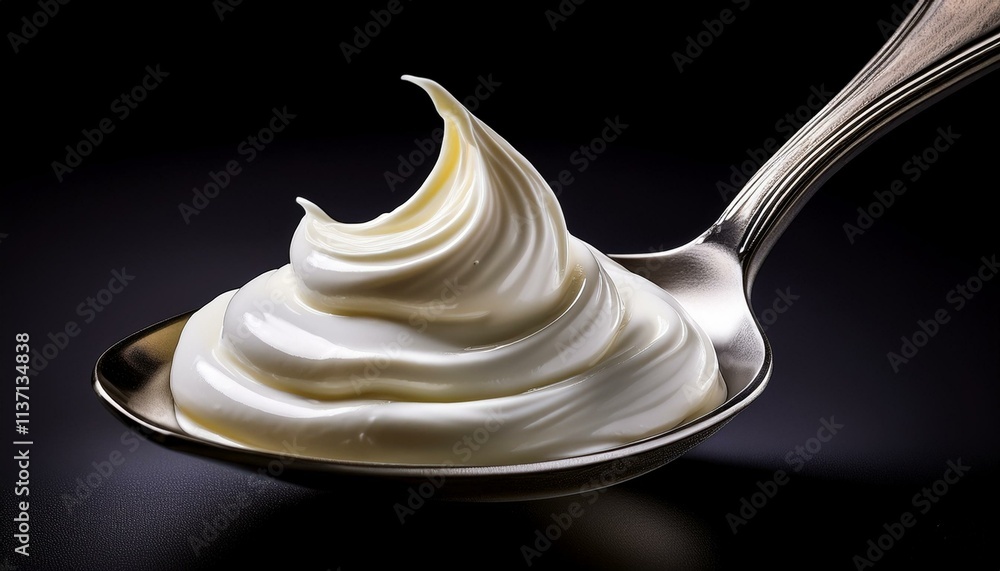 Creamy swirls of delicious sour cream rest on a silver spoon against a dark background. Creamy swirls of delicious sour cream rest on a silver spoon against a dark background.