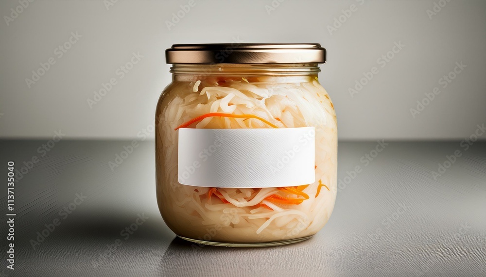 A glass jar of homemade sauerkraut with a blank label sits on a gray surface. A glass jar of homemade sauerkraut with a blank label sits on a gray surface.