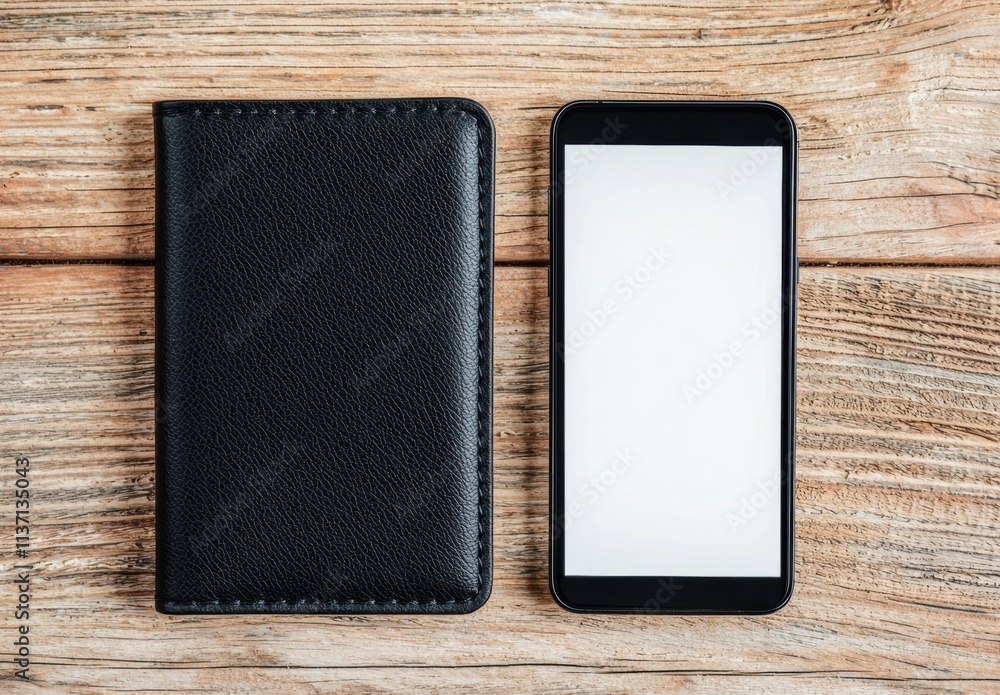 Black wallet and smartphone on rustic wooden surface composition Black wallet and smartphone on rustic wooden surface composition