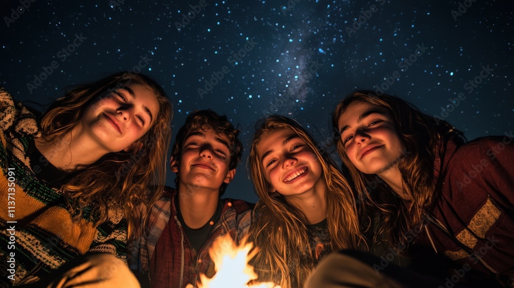 A group of teenagers enjoying a campfire, joyful expression, soft lighting, starry sky background, A group of teenagers enjoying a campfire, joyful expression, soft lighting, starry sky background,