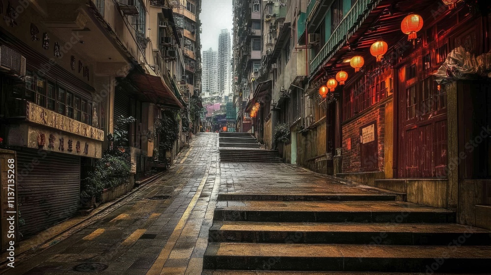 Fototapeta premium A quiet, narrow alley in Hong Kong's residential district, lit by red lanterns. The steps and dim lighting create a moody, atmospheric urban scene, perfect for showcasing the city's quieter moments