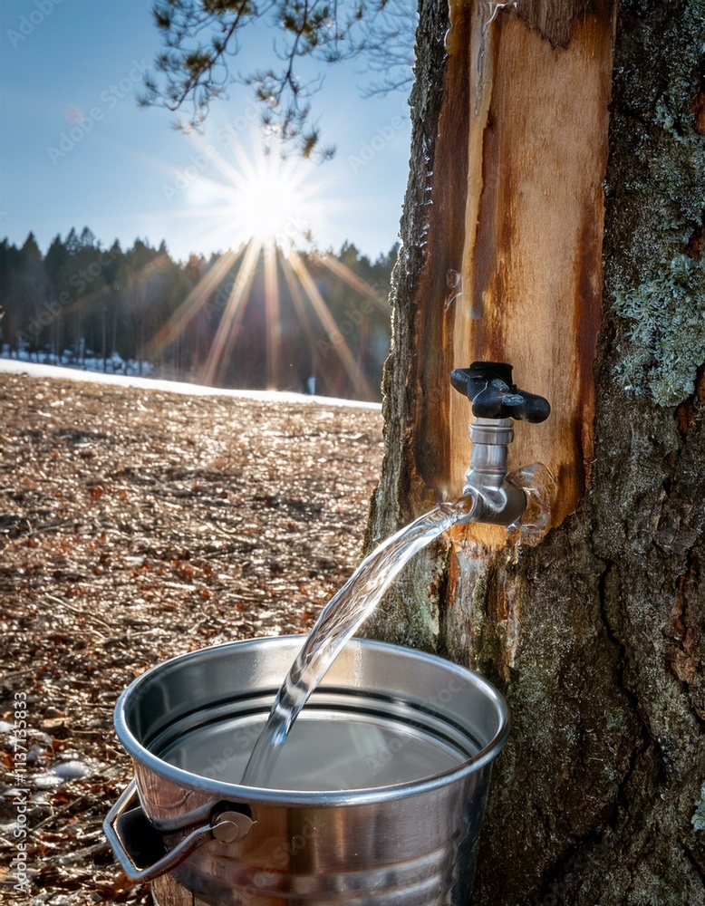 Sap flowing from a maple tree into a bucket on a sunny day. Sap flowing from a maple tree into a bucket on a sunny day.