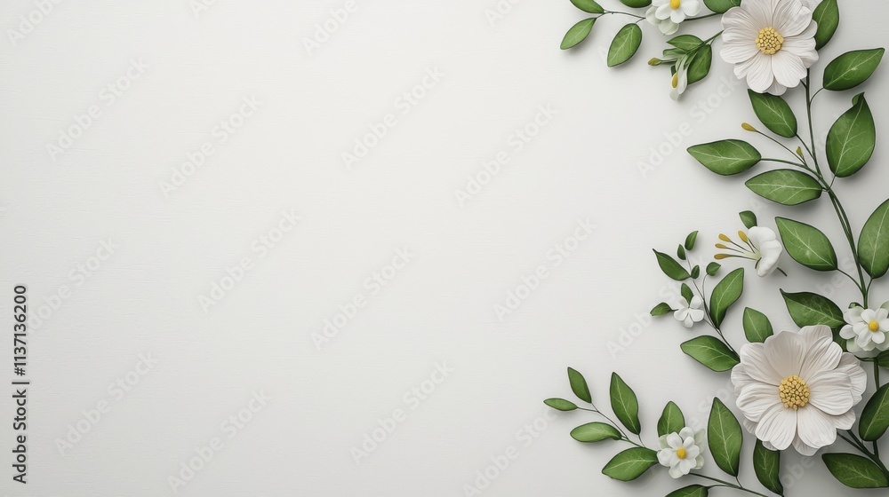 Obraz premium White Flowers & Green Leaves Border | Minimalist design