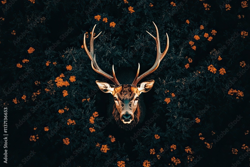 A photograph of an overhead shot of a deer's head and antlers A photograph of an overhead shot of a deer's head and antlers